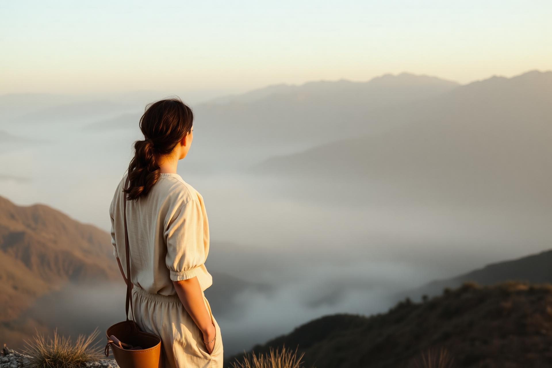 Traveler overlooking misty mountain valley at golden hour